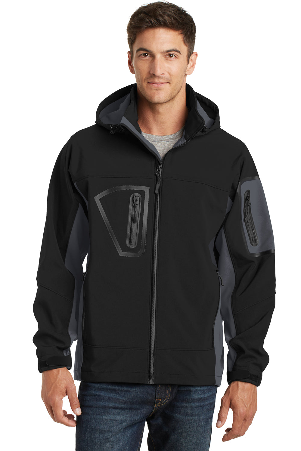 Port Authority J798 Mens Waterproof Full Zip Hooded Jacket Black/Grey Front