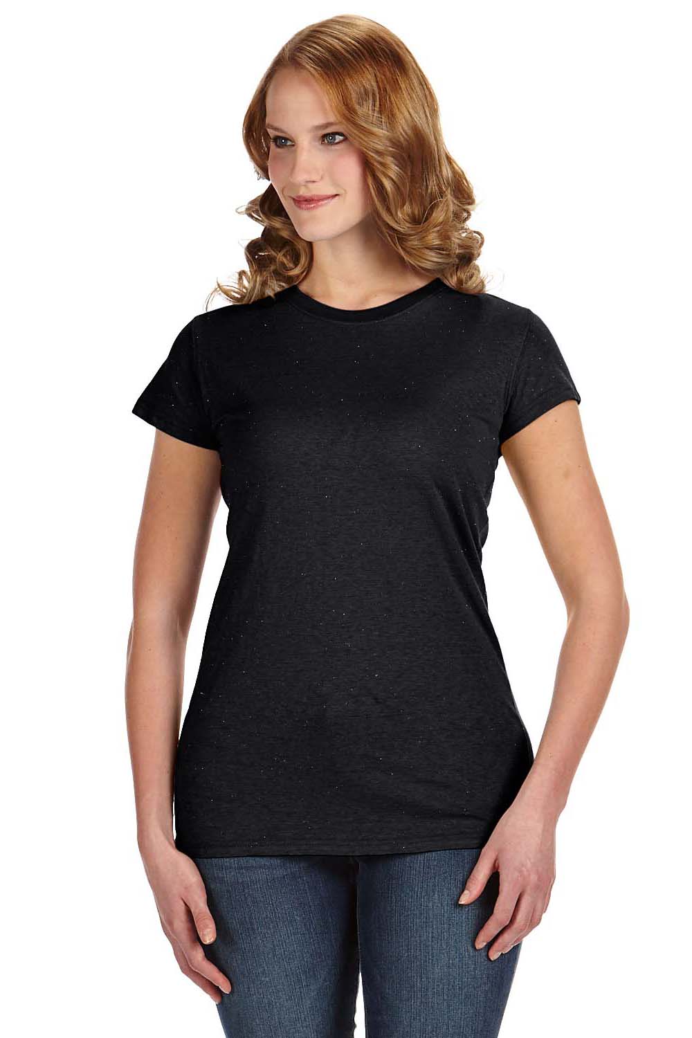 J America JA8138 Womens Glitter Short Sleeve Crewneck T-Shirt Black Front