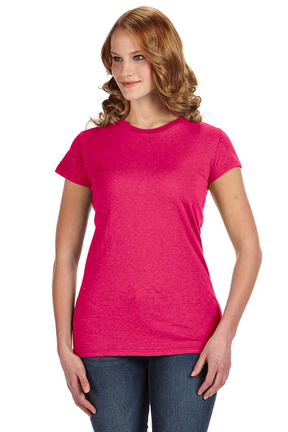 J America JA8138 Womens Glitter Short Sleeve Crewneck T-Shirt Wildberry Pink Front