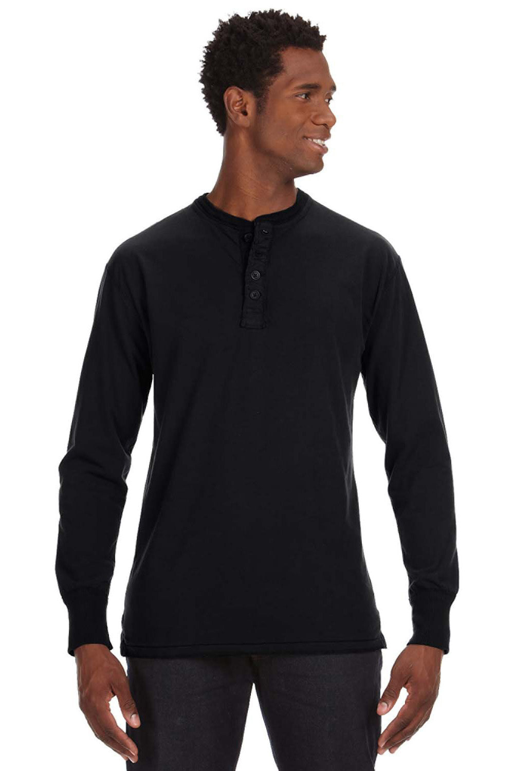 J America JA8244 Mens Vintage Brushed Jersey Long Sleeve Henley T-Shirt Black Front