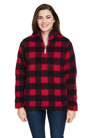 J America JA8451/8451 Womens Epic Sherpa Fleece 1/4 Zip Sweatshirt Red/Black Front