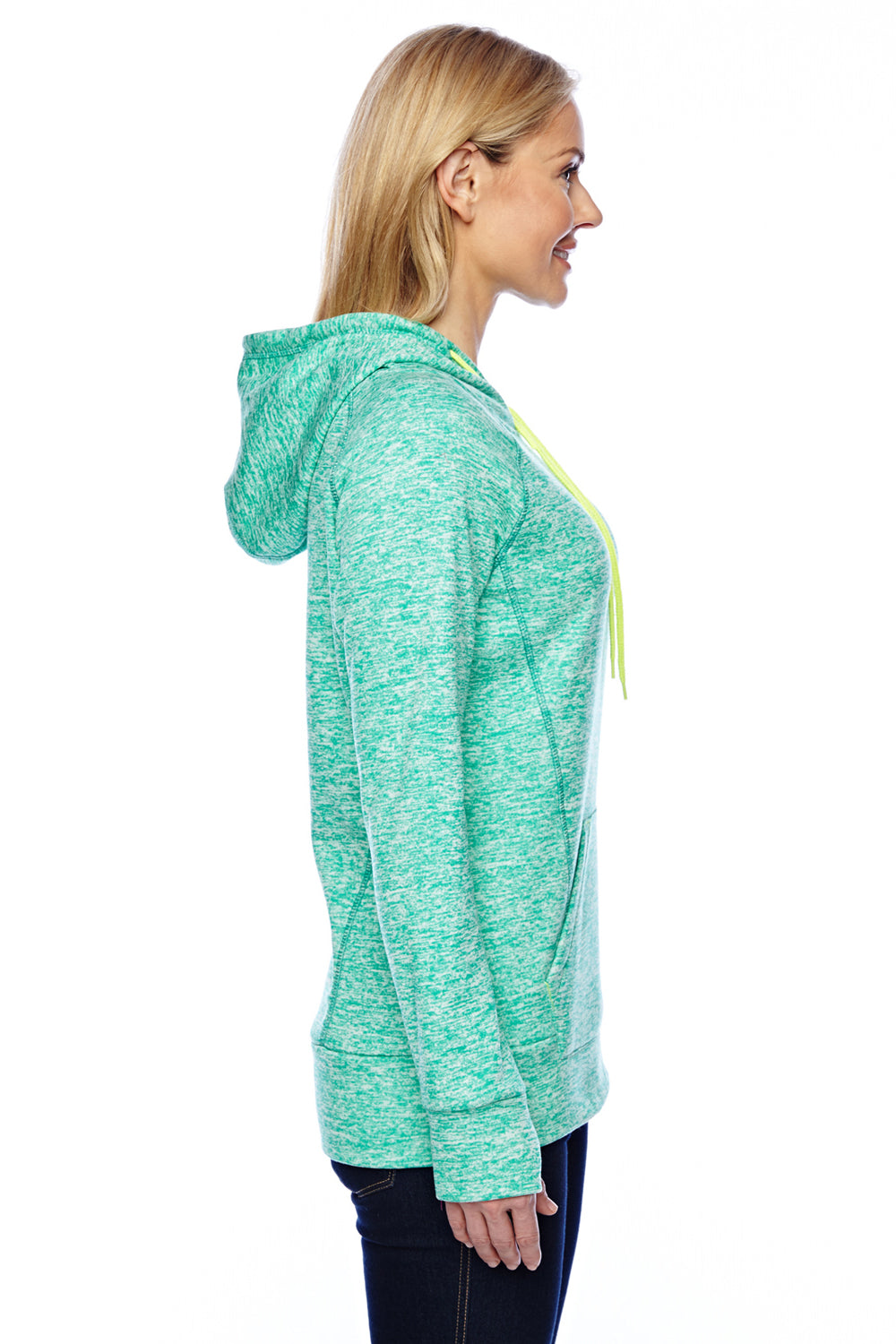 J America JA8616 Womens Cosmic Fleece Hooded Sweatshirt Hoodie Emerald Green/Neon Yellow Side