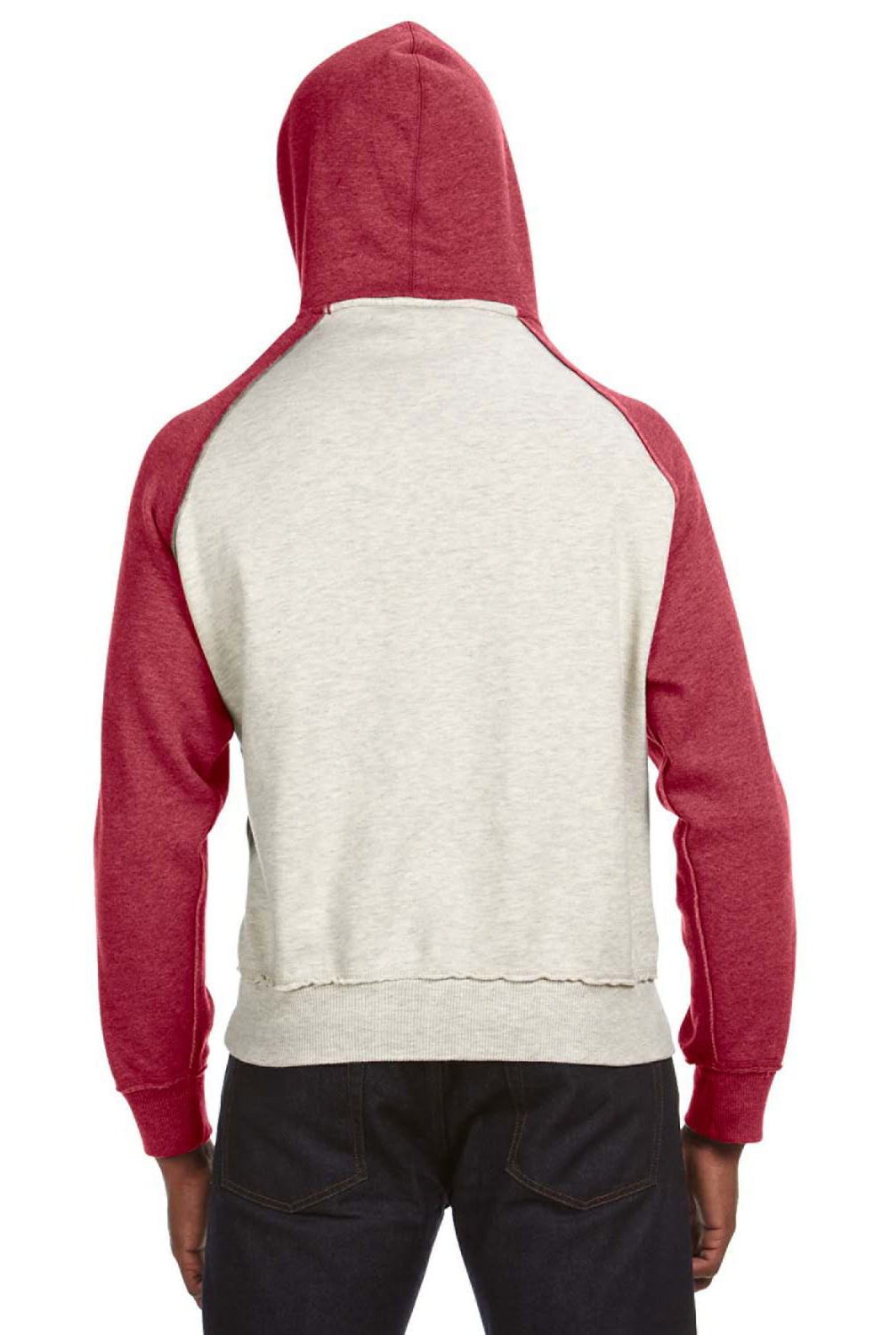 J America JA8885 Mens Vintage Heather Hooded Sweatshirt Hoodie Oatmeal/Red Back