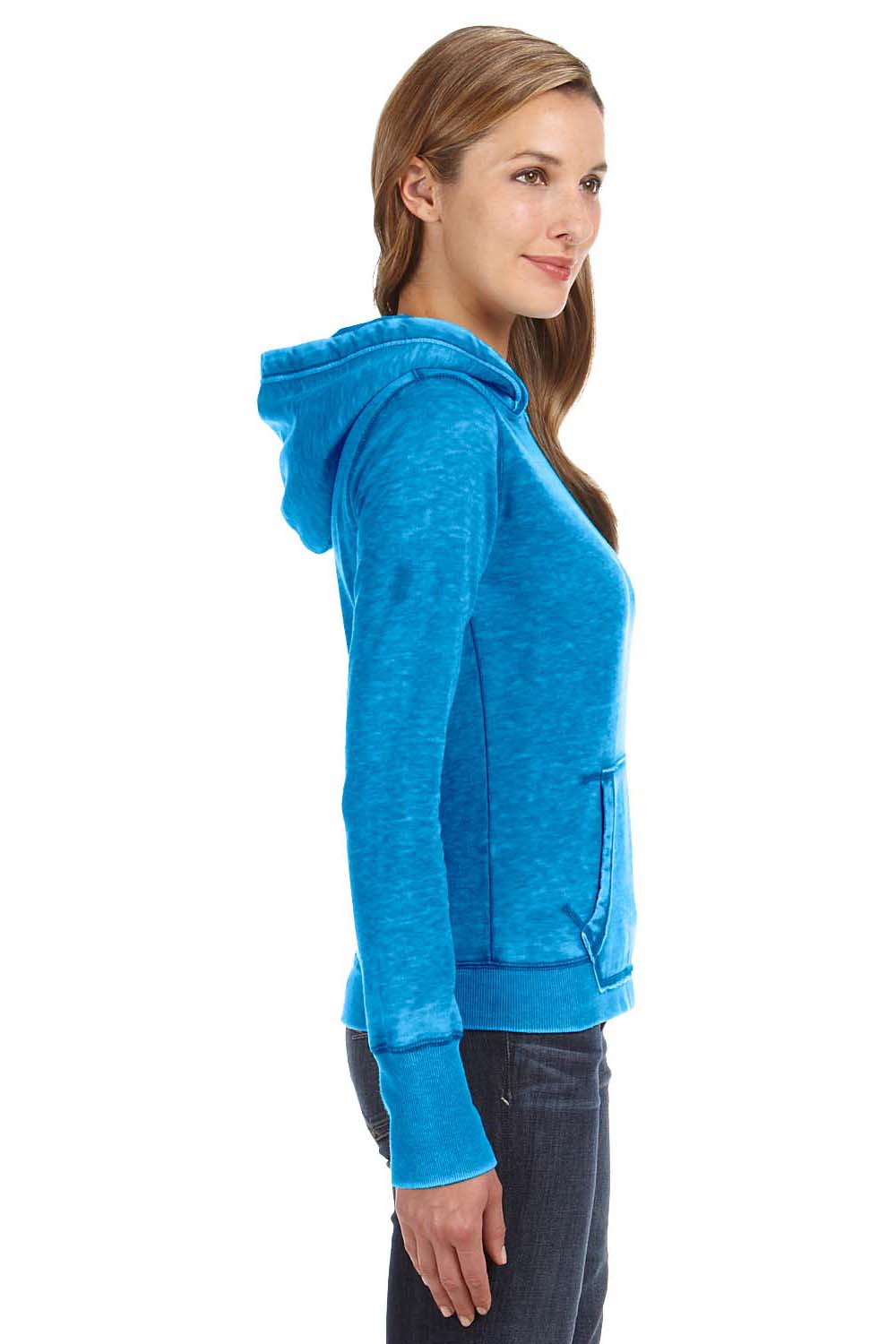 J America JA8912 Womens Zen Burnout Fleece Hooded Sweatshirt Hoodie Oceanberry Blue Side