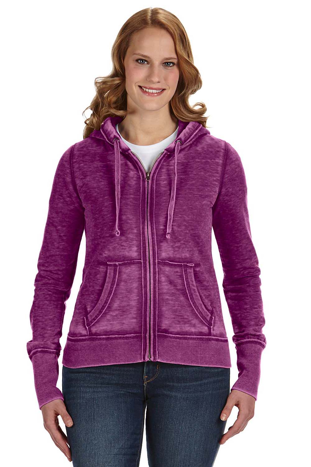 J America JA8913 Womens Zen Burnout Fleece Full Zip Hooded Sweatshirt Hoodie Berry Purple Front