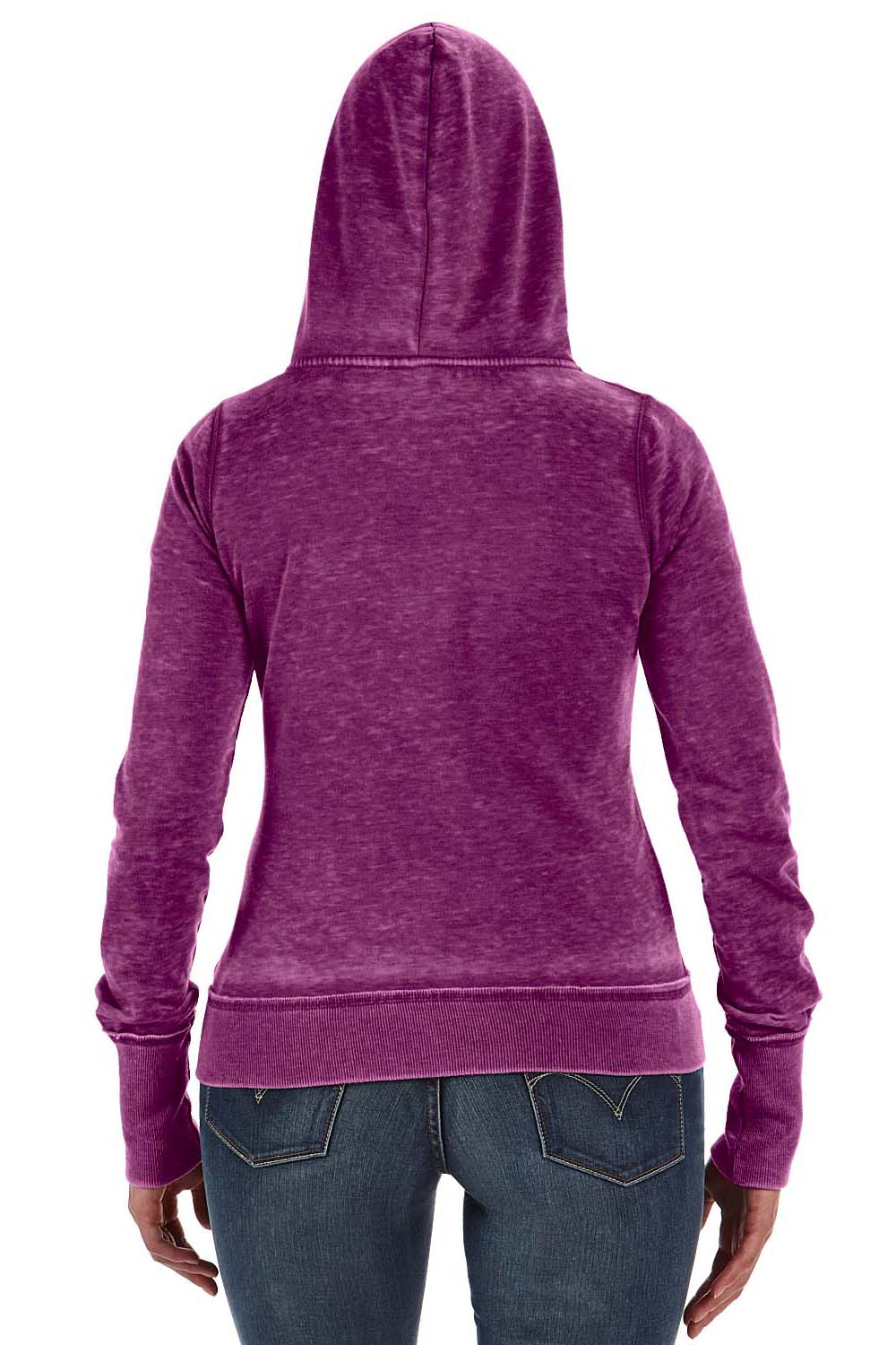 J America JA8913 Womens Zen Burnout Fleece Full Zip Hooded Sweatshirt Hoodie Berry Purple Back