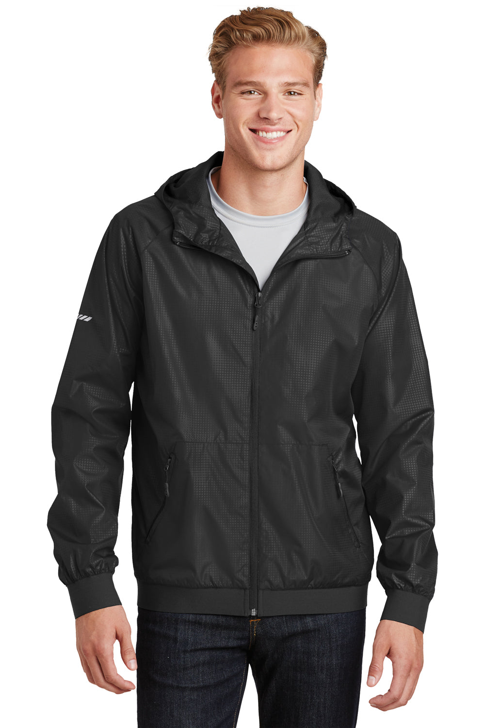Sport-Tek JST53 Mens Wind & Water Resistant Full Zip Hooded Jacket Black Front