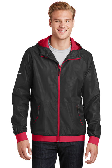 Sport-Tek JST53 Mens Wind & Water Resistant Full Zip Hooded Jacket Black/Red Front