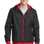 Sport-Tek Mens Wind & Water Resistant Full Zip Hooded Jacket - Black/True Red - Closeout