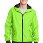 Sport-Tek Mens Wind & Water Resistant Full Zip Hooded Jacket - Lime Shock Green/Black - Closeout