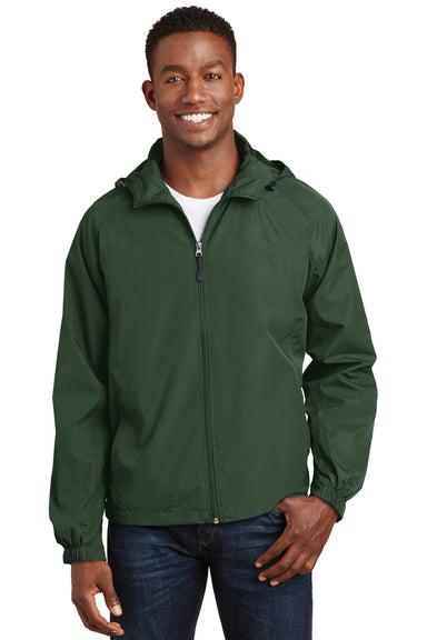 Sport-Tek JST73 Mens Water Resistant Full Zip Hooded Jacket Forest Green Front