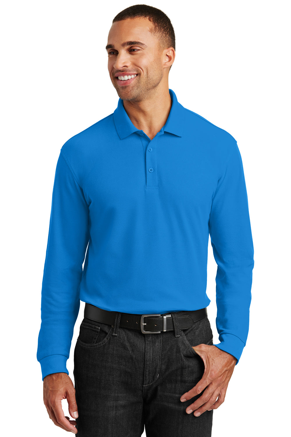 Port Authority K100LS Mens Core Classic Long Sleeve Polo Shirt Coastal Blue Front