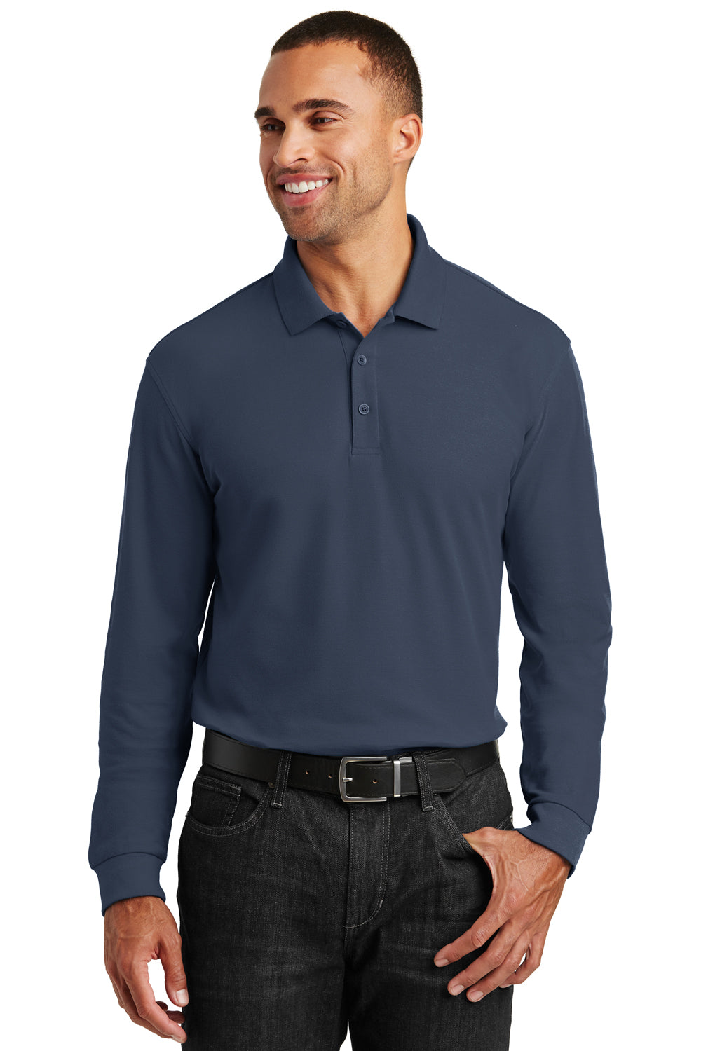 Port Authority K100LS Mens Core Classic Long Sleeve Polo Shirt Navy Blue Front