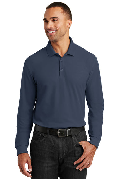 Port Authority K100LS Mens Core Classic Long Sleeve Polo Shirt Navy Blue Front