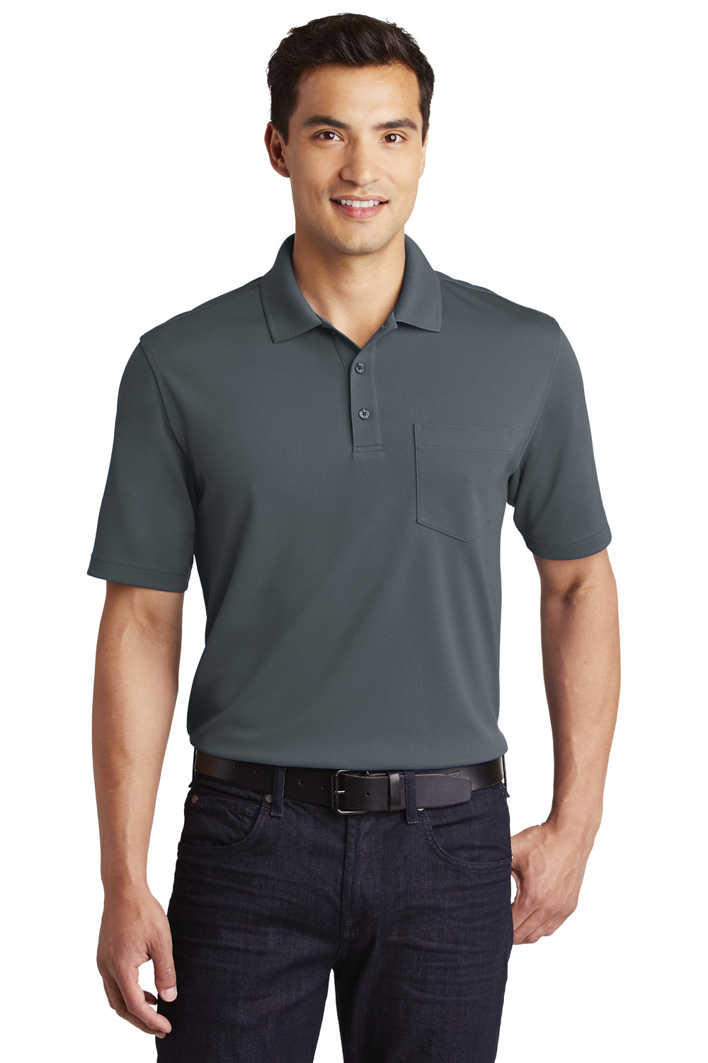 Port Authority K110P Mens Dry Zone Moisture Wicking Short Sleeve Polo Shirt w/ Pocket Graphite Grey Front