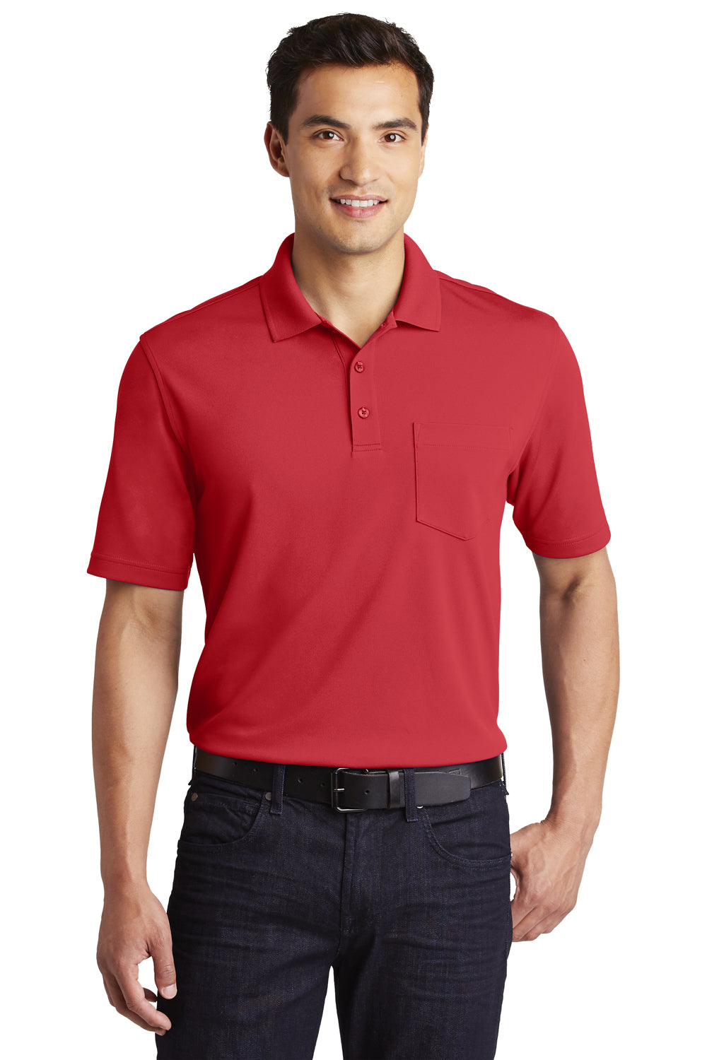 Port Authority K110P Mens Dry Zone Moisture Wicking Short Sleeve Polo Shirt w/ Pocket Red Front