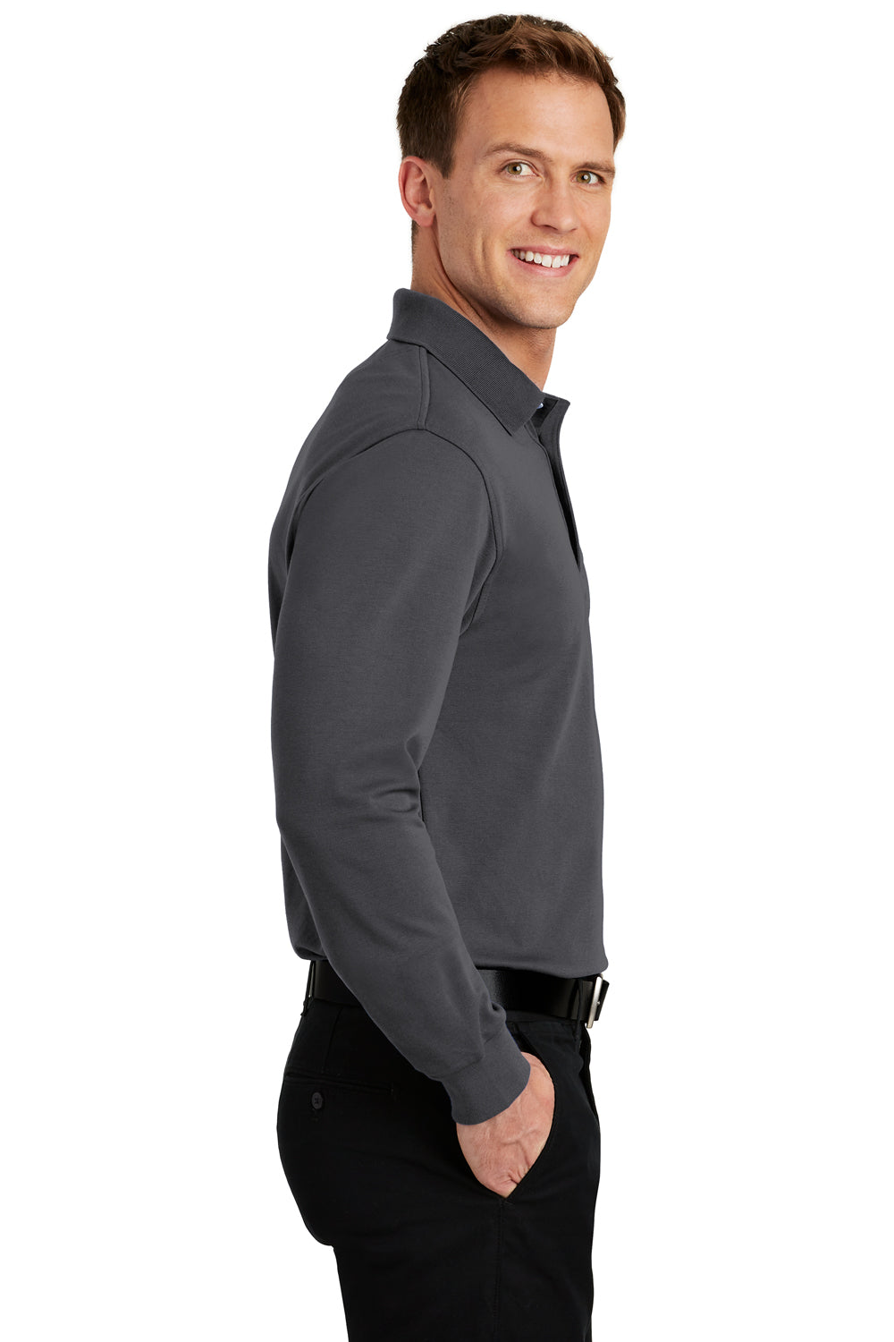 Port Authority K455LS Mens Rapid Dry Moisture Wicking Long Sleeve Polo Shirt Charcoal Grey Side