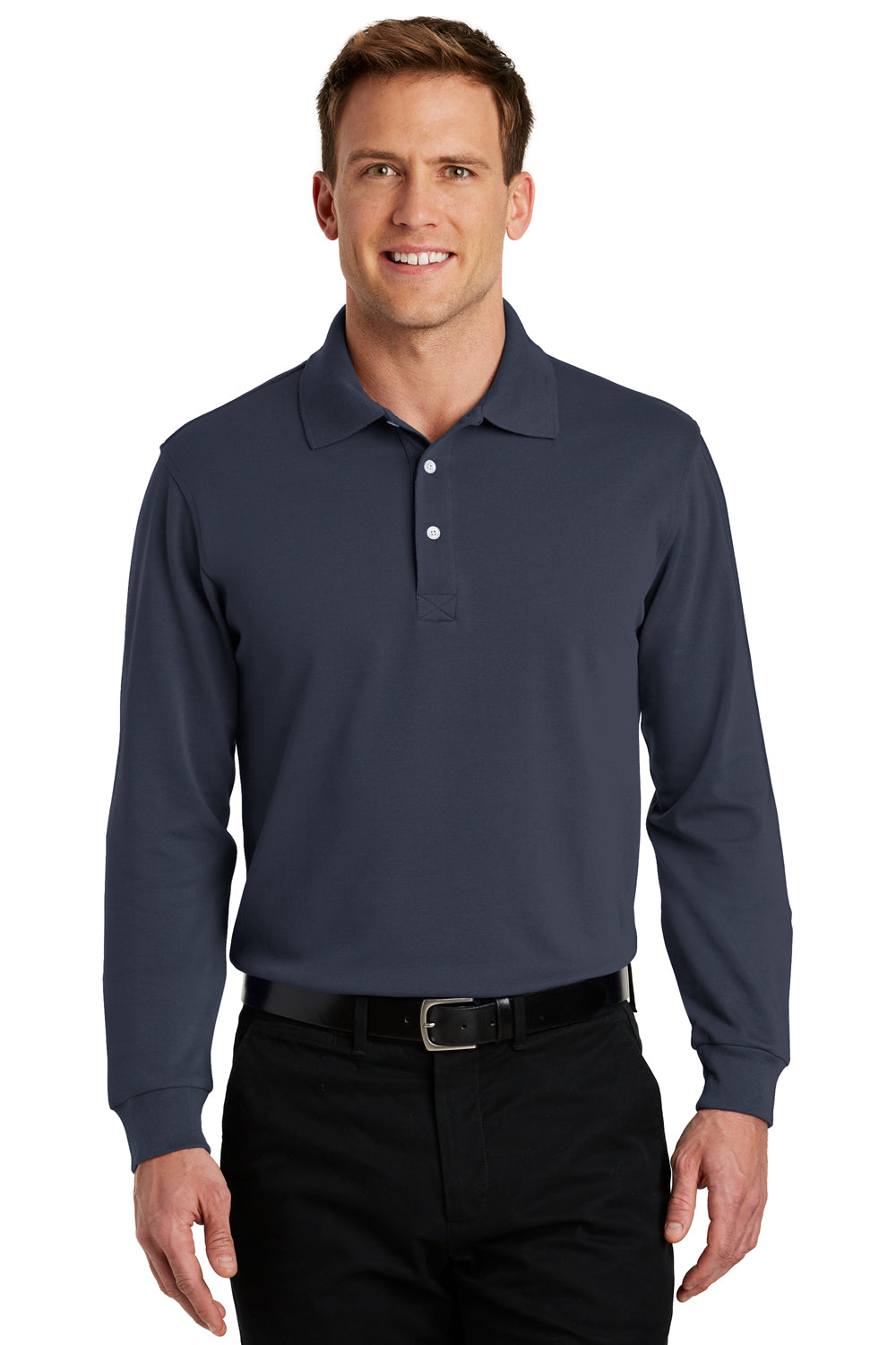 Port Authority K455LS Mens Rapid Dry Moisture Wicking Long Sleeve Polo Shirt Navy Blue Front