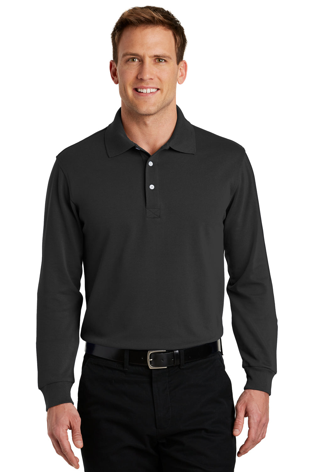 Port Authority K455LS Mens Rapid Dry Moisture Wicking Long Sleeve Polo Shirt Black Front