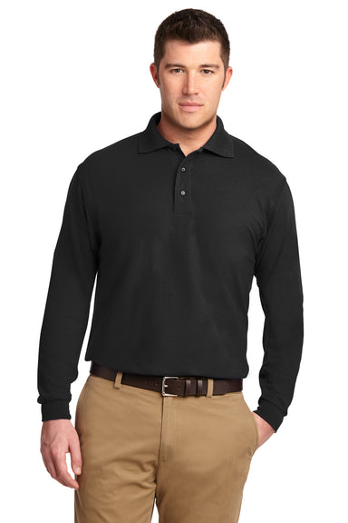 Port Authority K500LS Mens Silk Touch Wrinkle Resistant Long Sleeve Polo Shirt Black Front