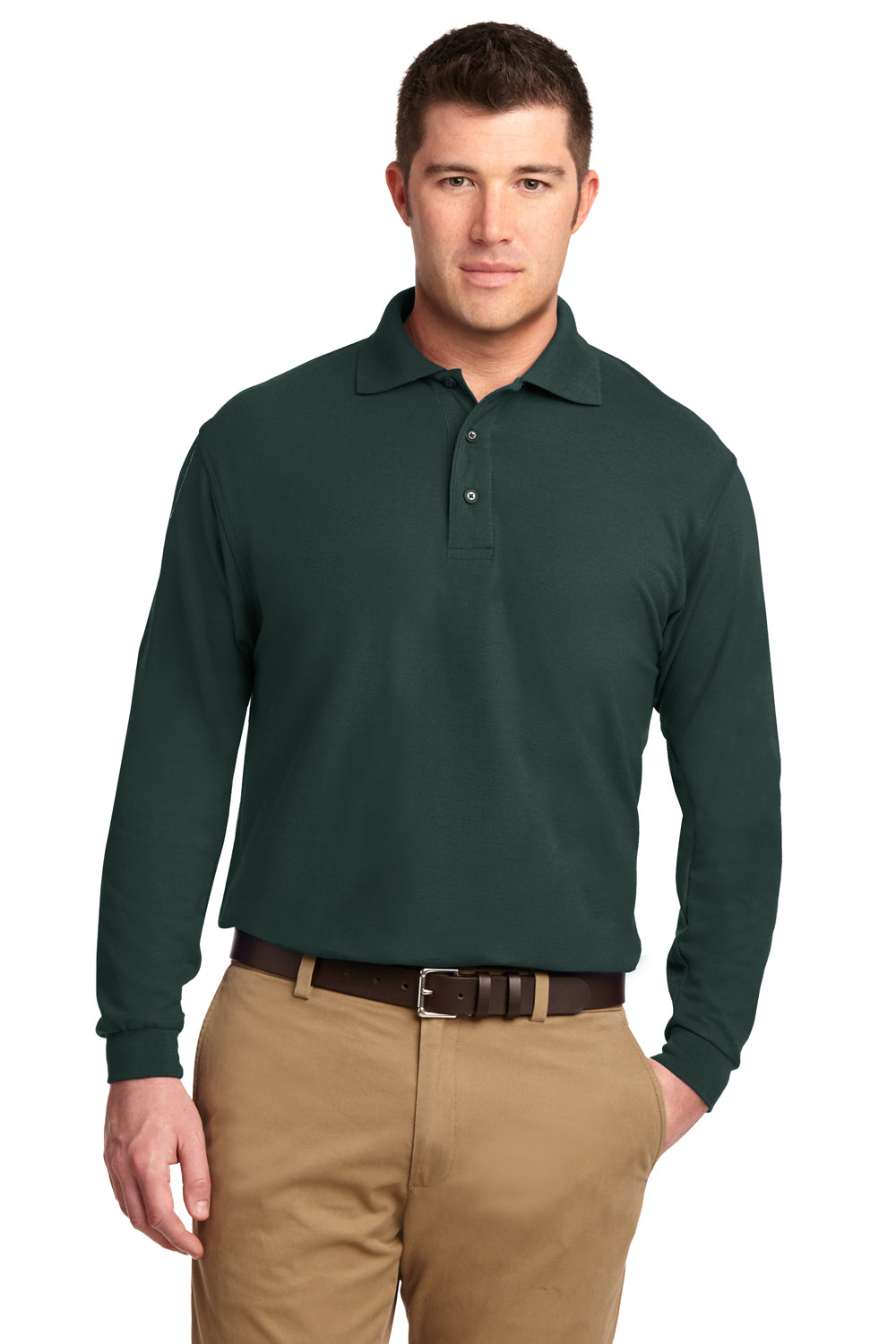 Port Authority K500LS Mens Silk Touch Wrinkle Resistant Long Sleeve Polo Shirt Dark Green Front