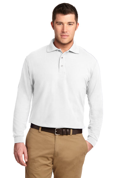 Port Authority K500LS Mens Silk Touch Wrinkle Resistant Long Sleeve Polo Shirt White Front