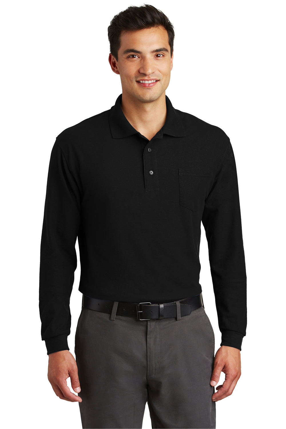 Port Authority K500LSP Mens Silk Touch Wrinkle Resistant Long Sleeve Polo Shirt w/ Pocket Black Front