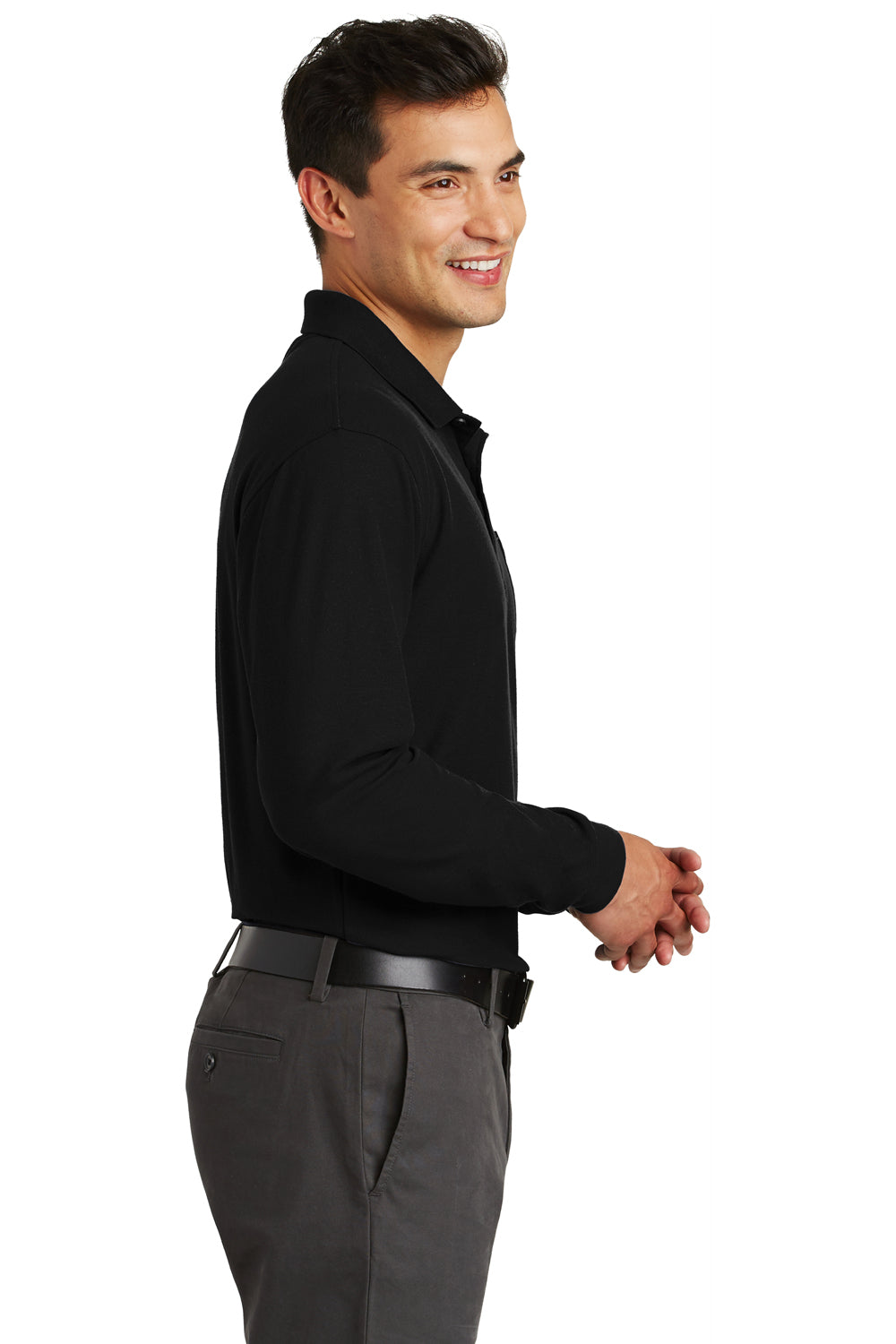 Port Authority K500LSP Mens Silk Touch Wrinkle Resistant Long Sleeve Polo Shirt w/ Pocket Black Side