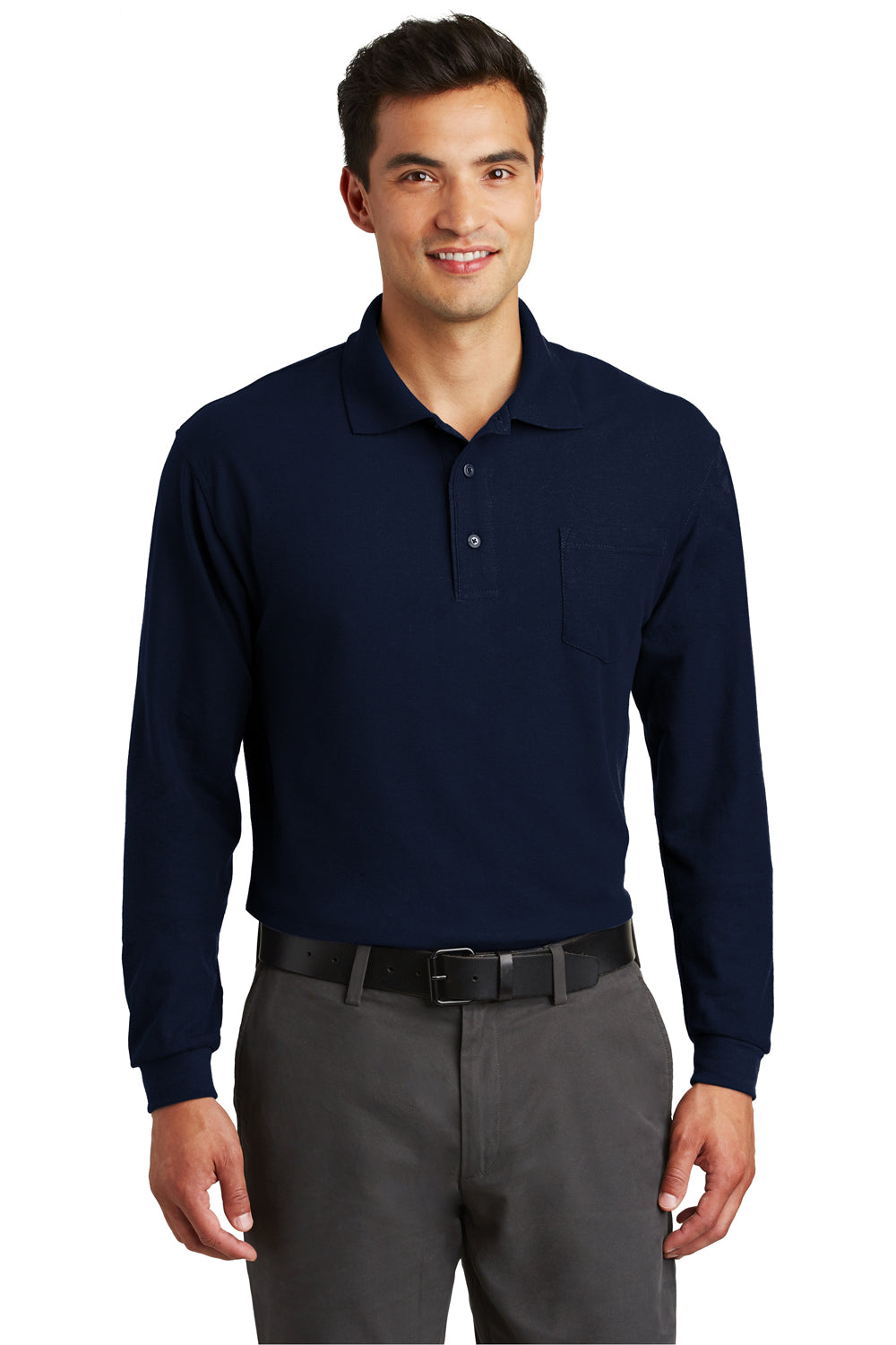 Port Authority K500LSP Mens Silk Touch Wrinkle Resistant Long Sleeve Polo Shirt w/ Pocket Navy Blue Front