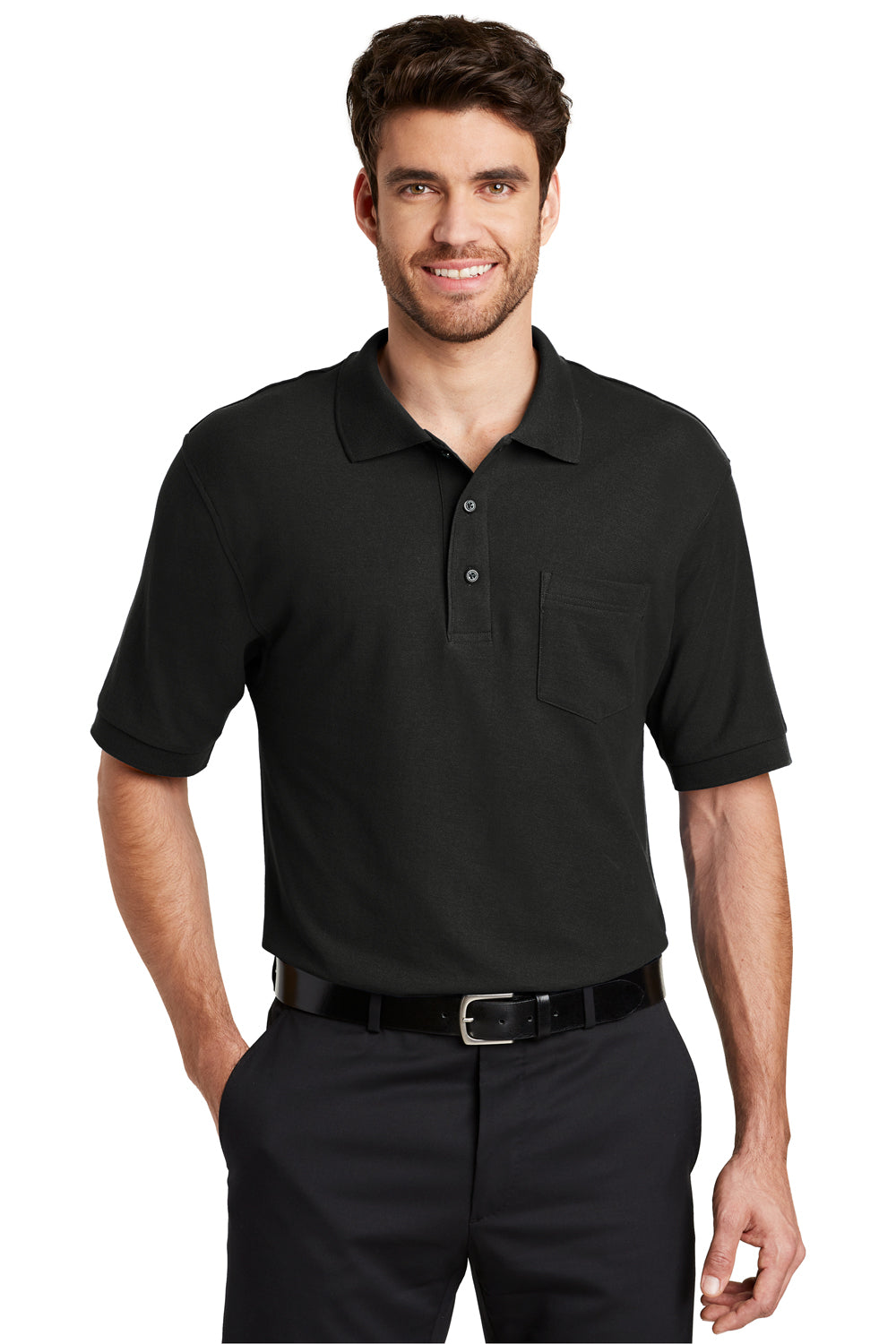 Port Authority K500P Mens Silk Touch Wrinkle Resistant Short Sleeve Polo Shirt w/ Pocket Black Front