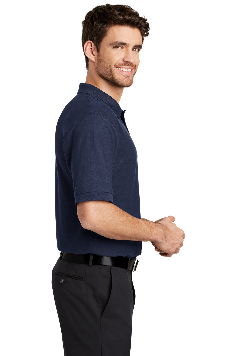 Port Authority K500P Mens Silk Touch Wrinkle Resistant Short Sleeve Polo Shirt w/ Pocket Navy Blue Side