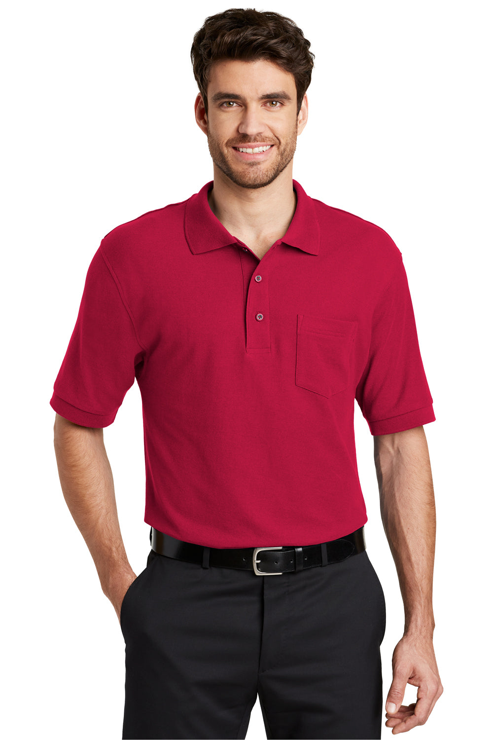 Port Authority K500P Mens Silk Touch Wrinkle Resistant Short Sleeve Polo Shirt w/ Pocket Red Front