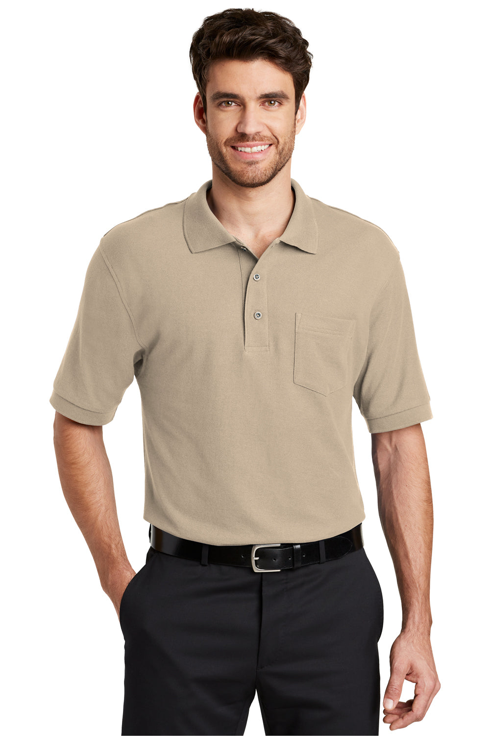 Port Authority K500P Mens Silk Touch Wrinkle Resistant Short Sleeve Polo Shirt w/ Pocket Stone Brown Front