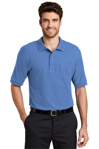 Port Authority K500P Mens Silk Touch Wrinkle Resistant Short Sleeve Polo Shirt w/ Pocket Ultramarine Blue Front