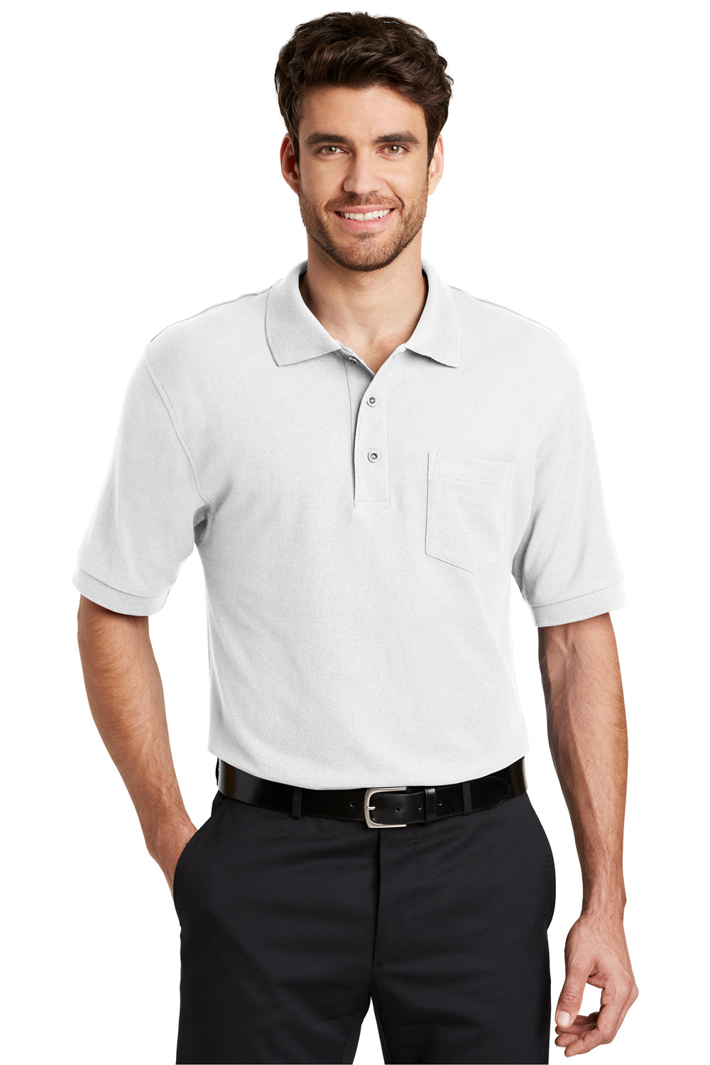 Port Authority K500P Mens Silk Touch Wrinkle Resistant Short Sleeve Polo Shirt w/ Pocket White Front