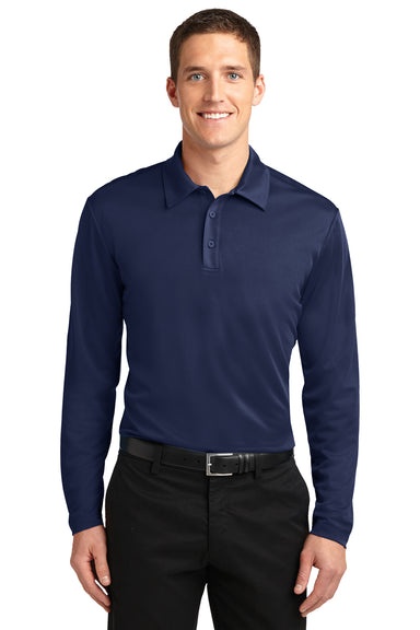 Port Authority K540LS Mens Silk Touch Performance Moisture Wicking Long Sleeve Polo Shirt Navy Blue Front