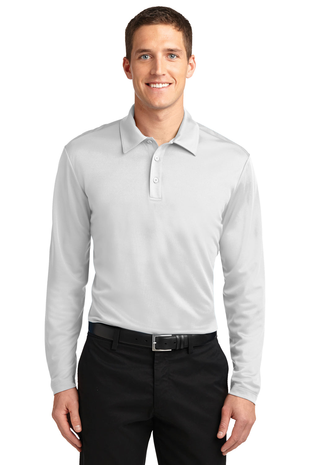 Port Authority K540LS Mens Silk Touch Performance Moisture Wicking Long Sleeve Polo Shirt White Front