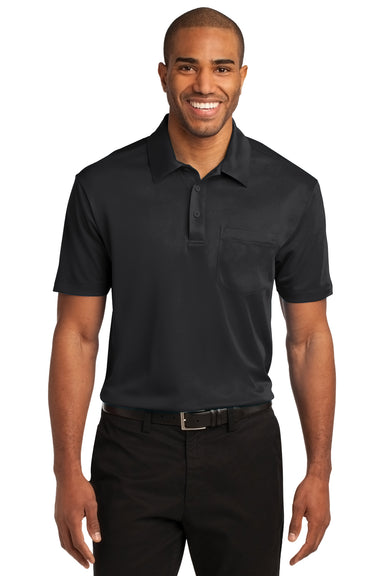 Port Authority K540P Mens Silk Touch Performance Moisture Wicking Short Sleeve Polo Shirt w/ Pocket Black Front