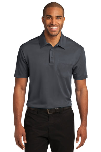 Port Authority K540P Mens Silk Touch Performance Moisture Wicking Short Sleeve Polo Shirt w/ Pocket Steel Grey Front