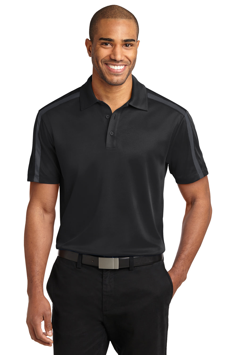 Port Authority K547 Mens Silk Touch Performance Moisture Wicking Short Sleeve Polo Shirt Black/Grey Front