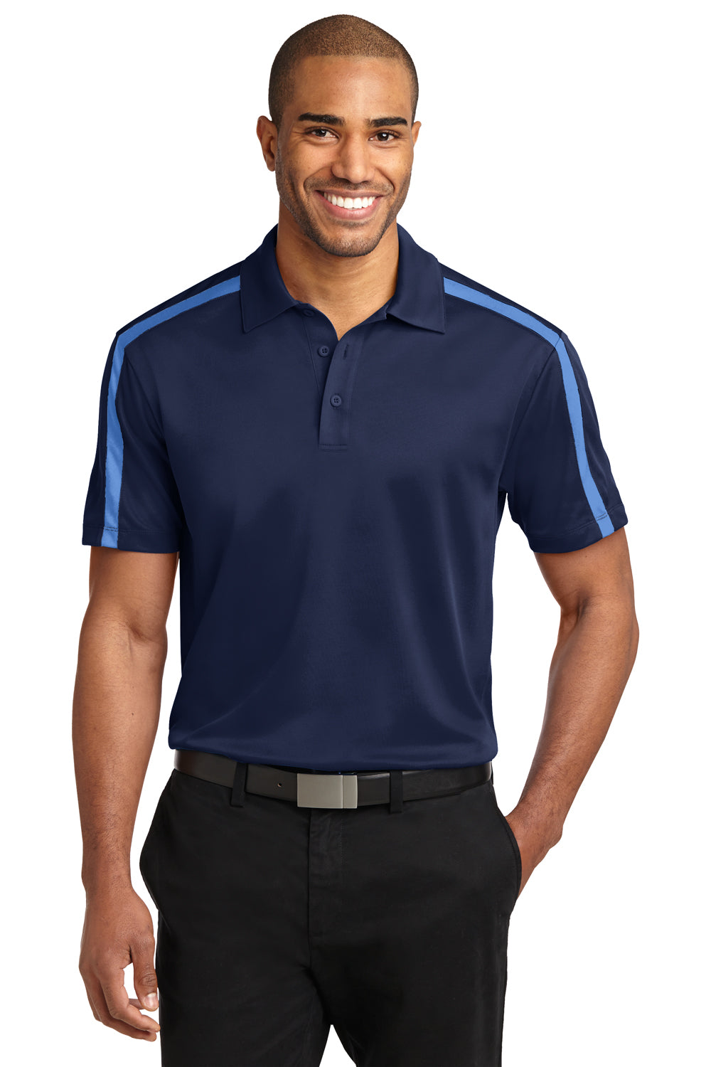 Port Authority K547 Mens Silk Touch Performance Moisture Wicking Short Sleeve Polo Shirt Navy Blue/Carolina Blue Front