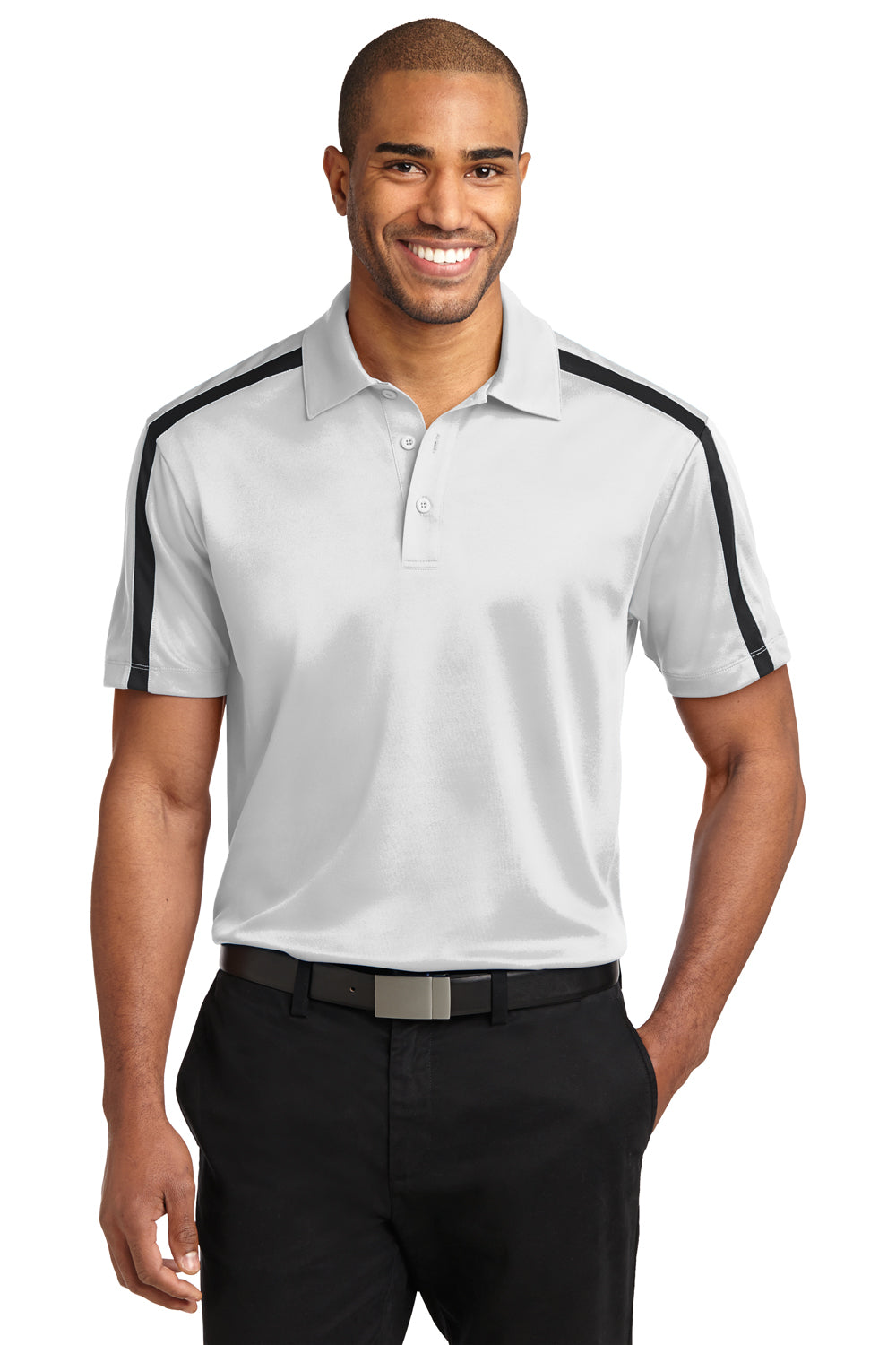 Port Authority K547 Mens Silk Touch Performance Moisture Wicking Short Sleeve Polo Shirt White/Black Front
