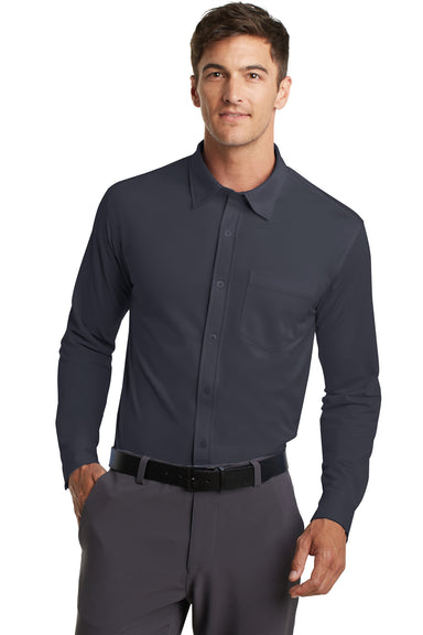 Port Authority K570 Mens Dimension Moisture Wicking Long Sleeve Button Down Shirt w/ Pocket Battleship Grey Front
