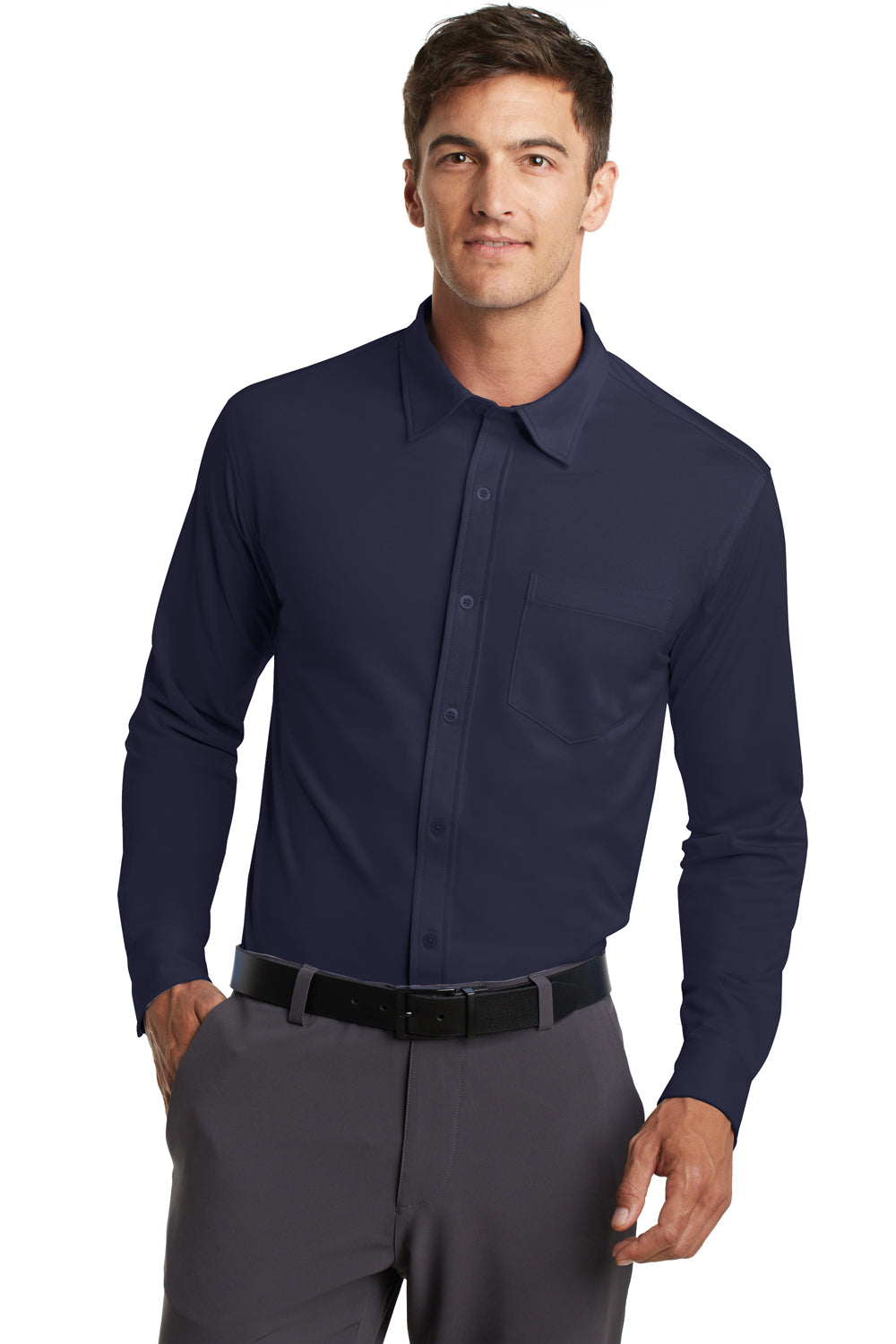 Port Authority K570 Mens Dimension Moisture Wicking Long Sleeve Button Down Shirt w/ Pocket Navy Blue Front