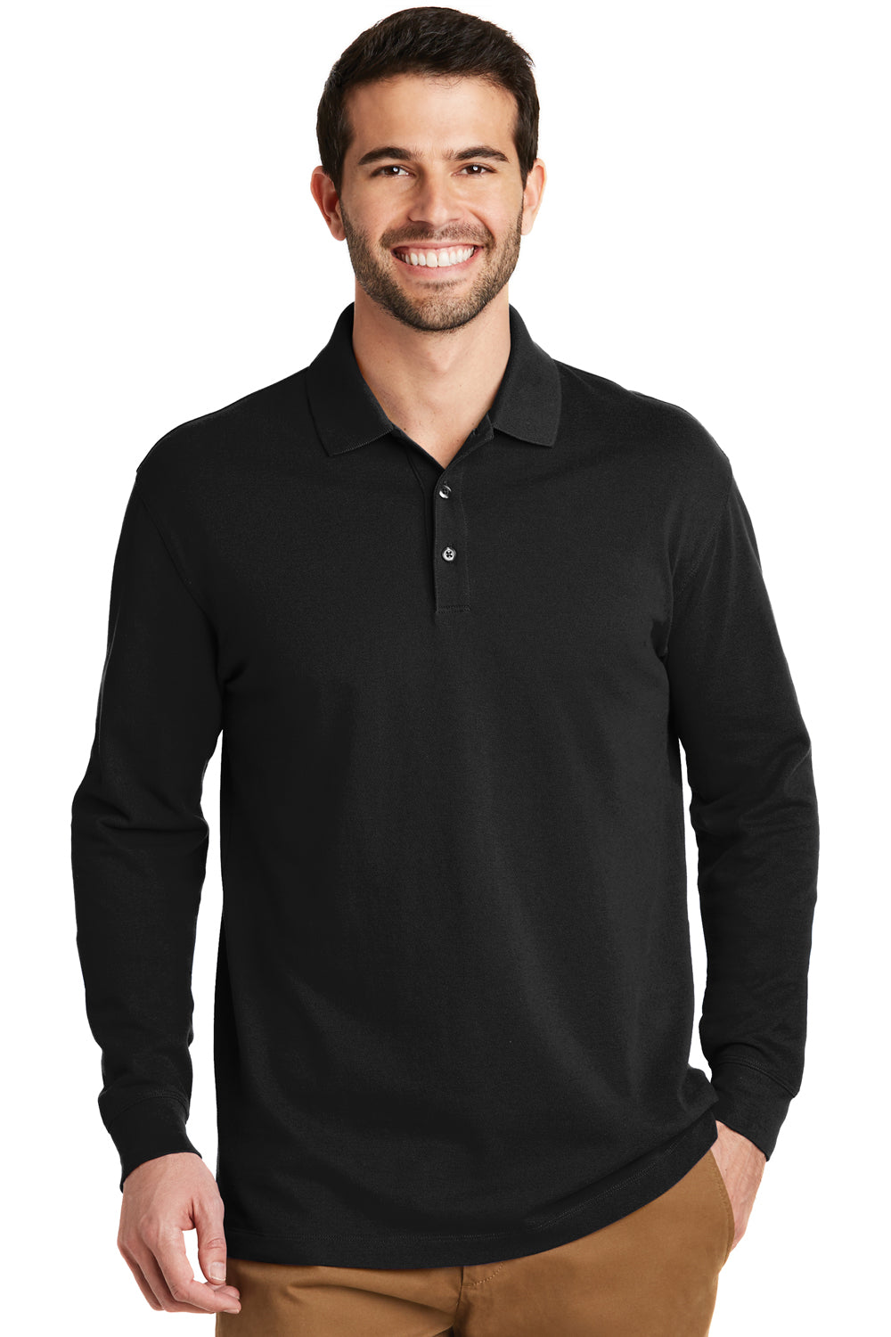 Port Authority K8000LS Mens Wrinkle Resistant Long Sleeve Polo Shirt Black Front