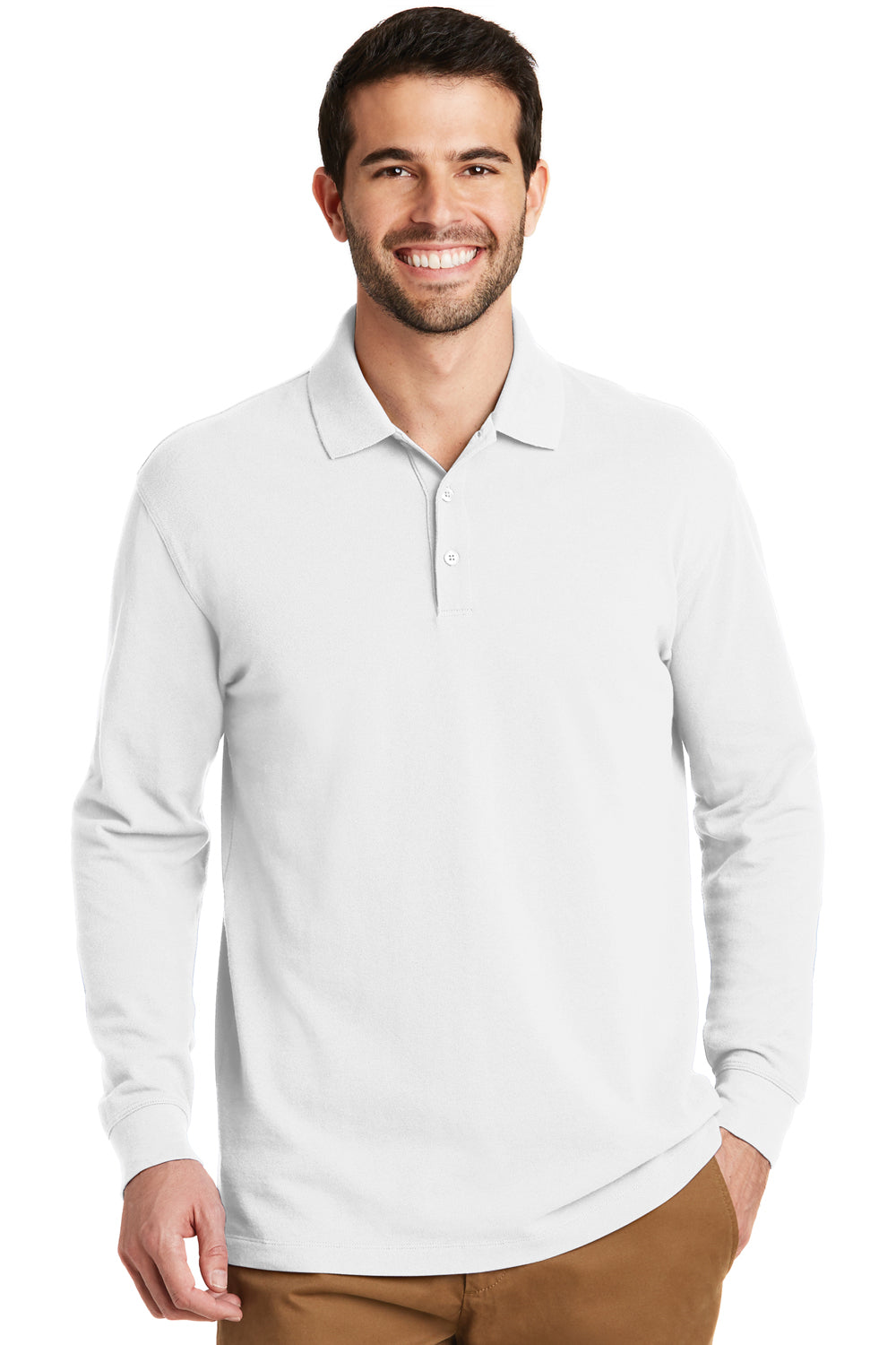 Port Authority K8000LS Mens Wrinkle Resistant Long Sleeve Polo Shirt White Front