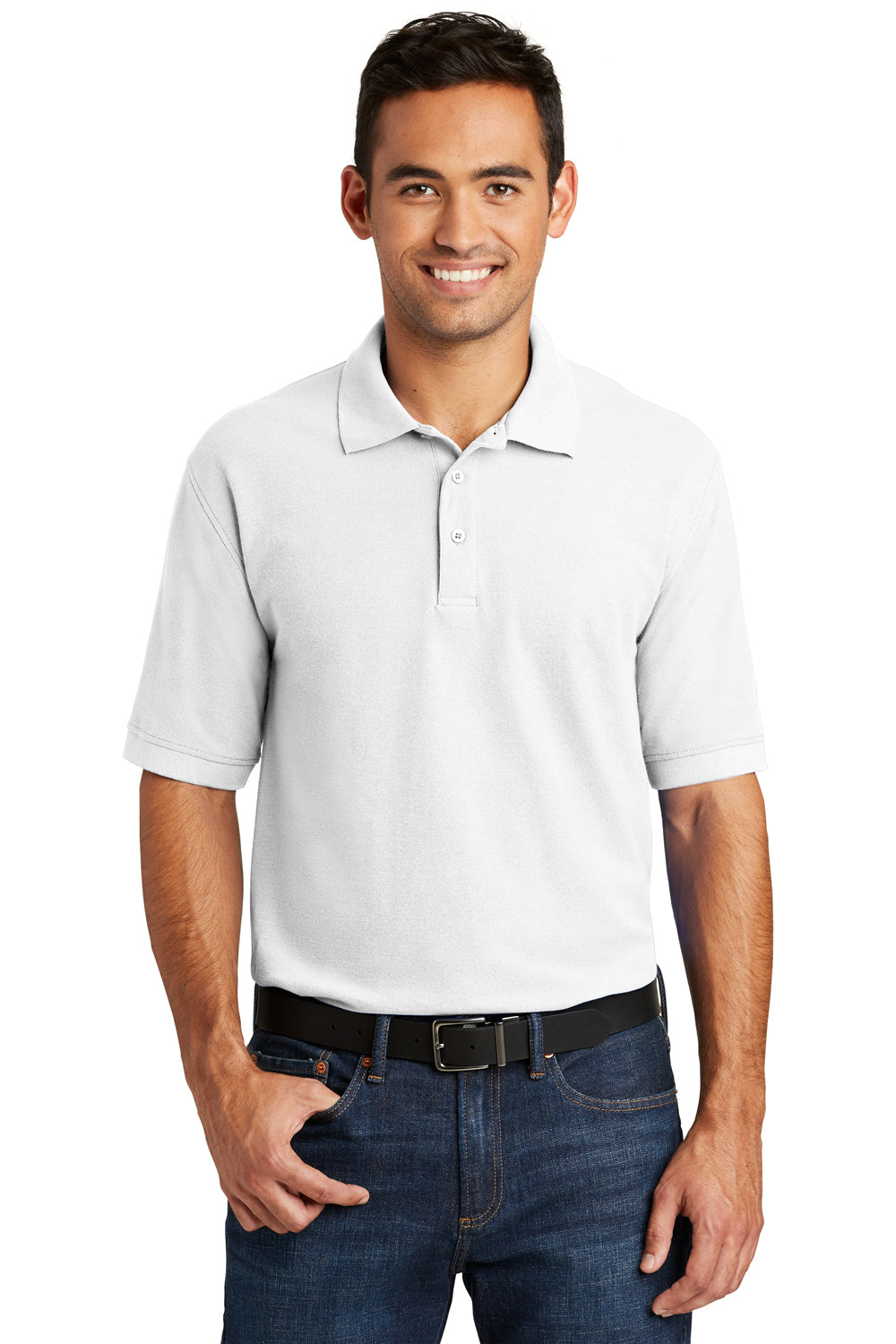 Port & Company KP155 Mens Core Stain Resistant Short Sleeve Polo Shirt White Front