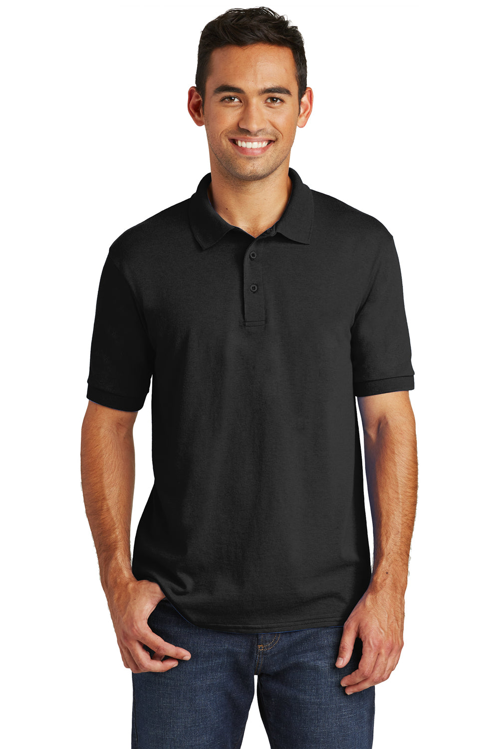Port & Company KP55 Mens Core Stain Resistant Short Sleeve Polo Shirt Black Front