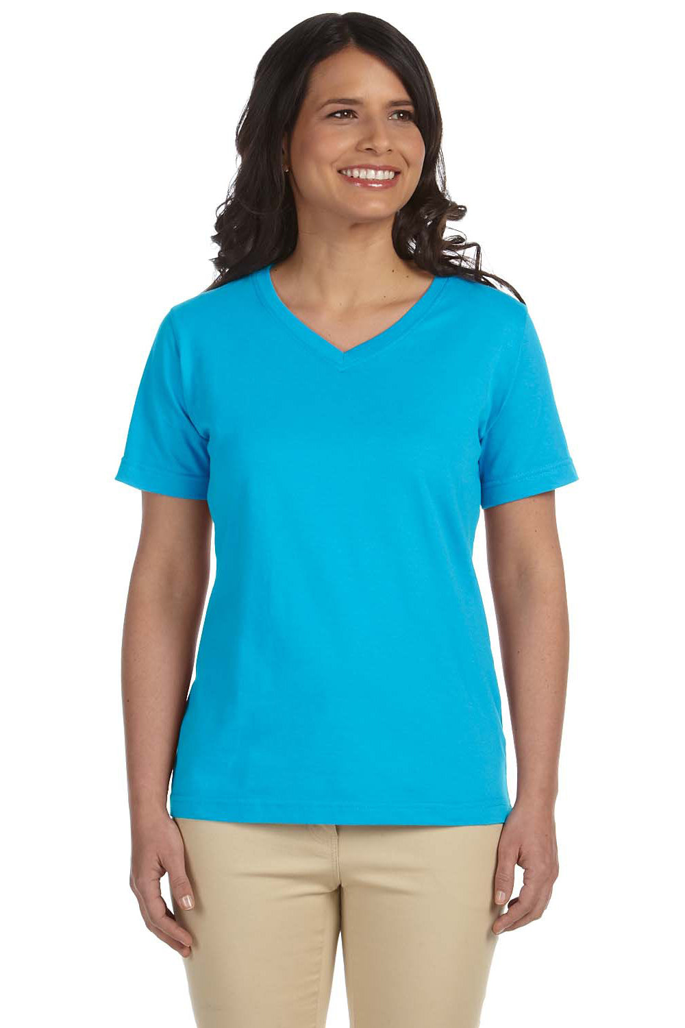 LAT L-3587 Womens Premium Jersey Short Sleeve V-Neck T-Shirt Aqua Blue Front