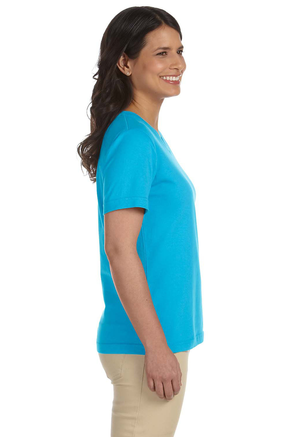 LAT L-3587 Womens Premium Jersey Short Sleeve V-Neck T-Shirt Aqua Blue Side